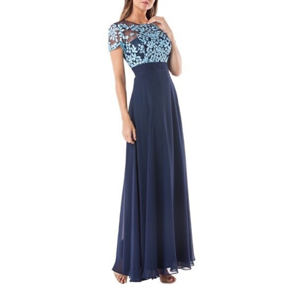 JS Collections Women's Embroidered Bodice Gown Dress In Navy Floral Size 4 $430